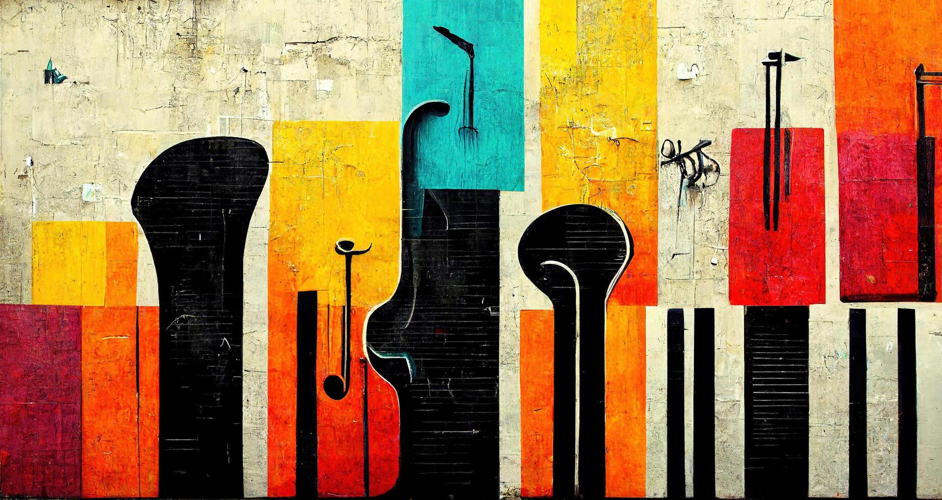 generativo ai, calle Arte con llaves y musical instrumentos siluetas tinta vistoso pintada Arte en un texturizado papel Clásico fondo, inspirado por bancos foto