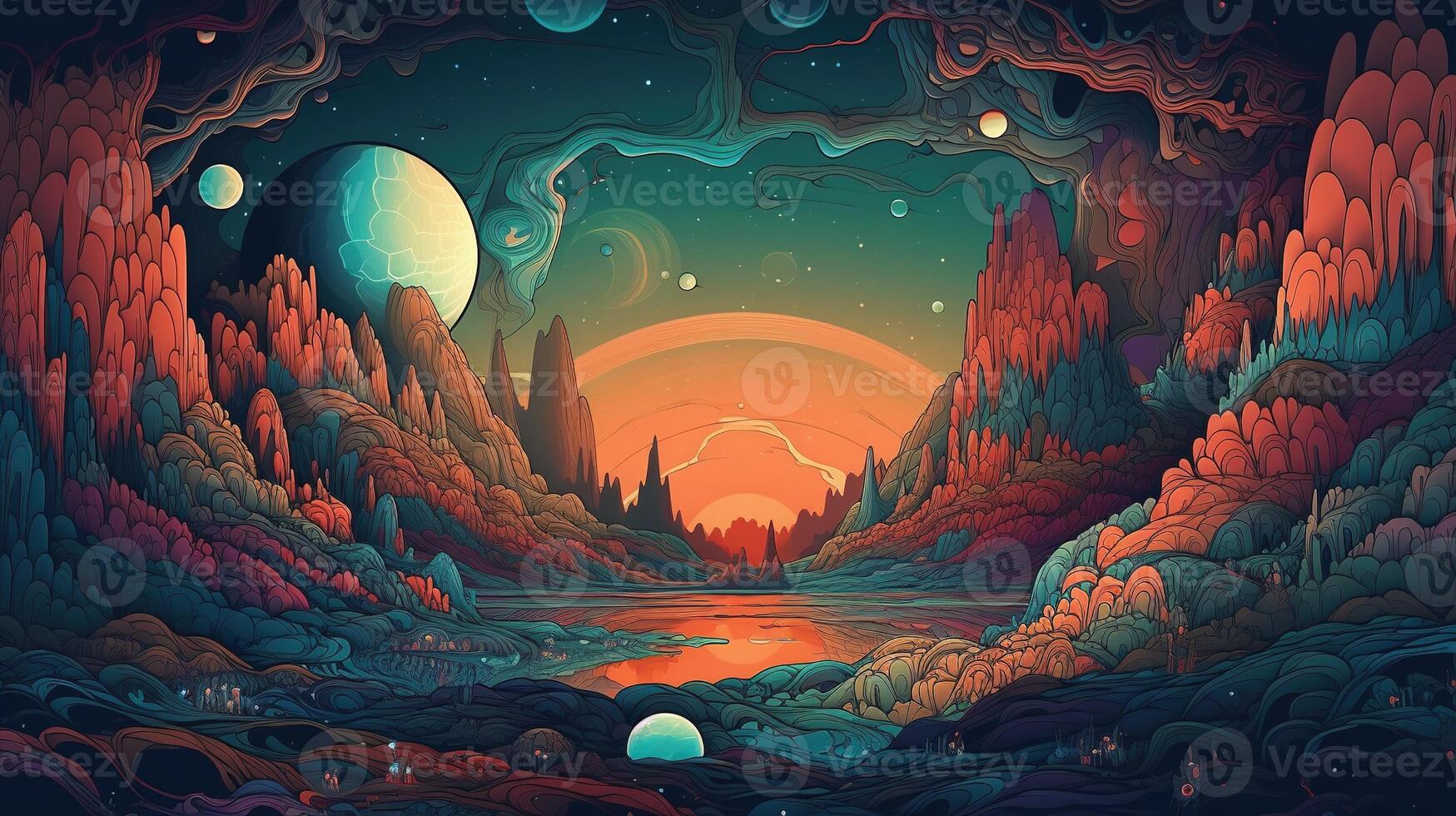 , Psychedelic Space banner template in anime manga line art style. Horizontal illustration of the future landscape with mountains, planets, trees, moon. Surrealist escapism concept. photo