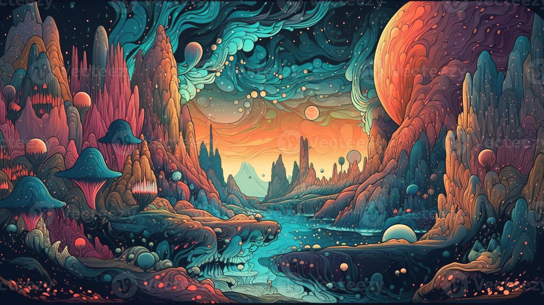 , Psychedelic Space banner template in anime manga line art style. Horizontal illustration of the future landscape with mountains, planets, trees, moon. Surrealist escapism concept. photo