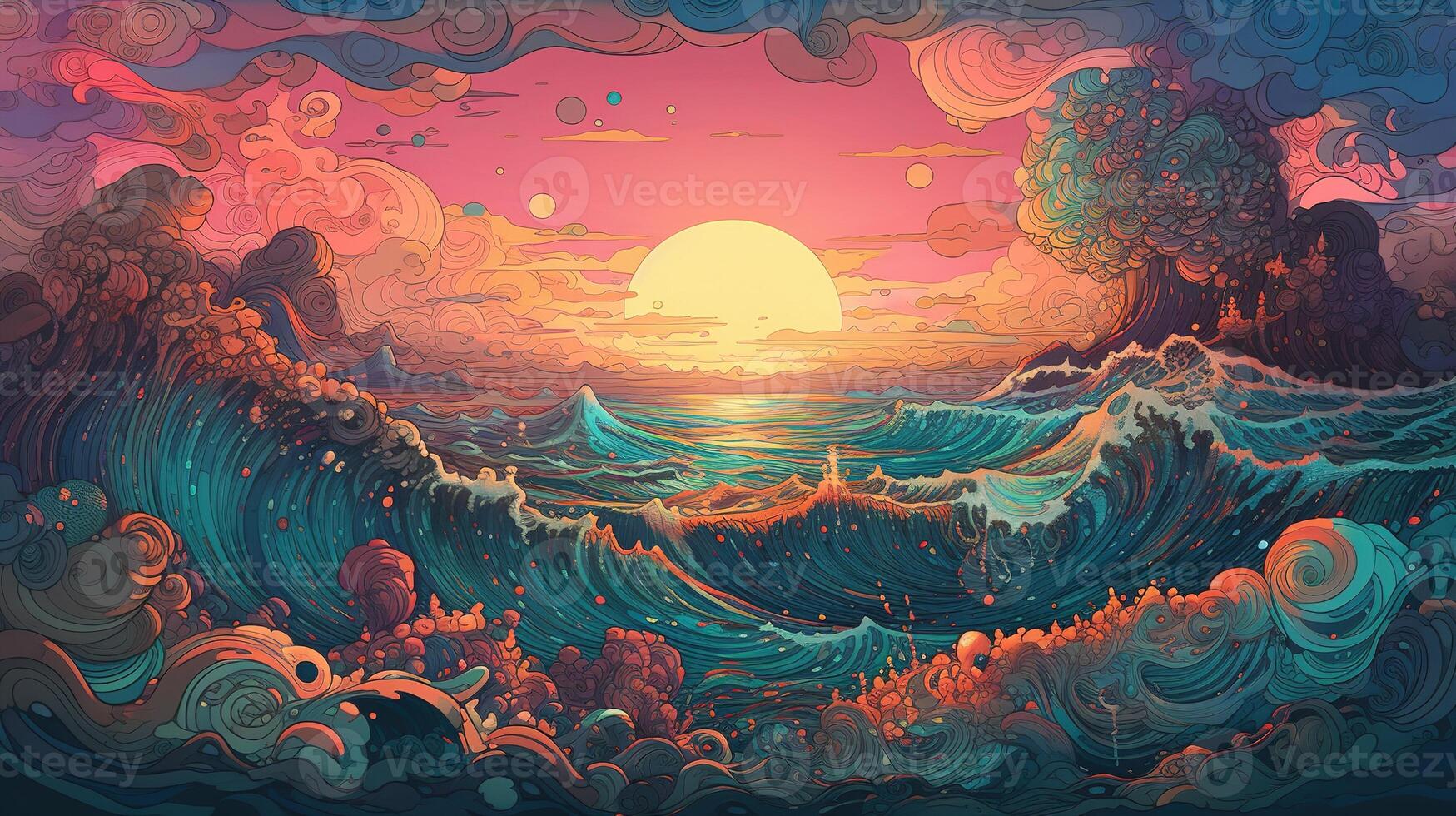 , ocean in the sunset linear illustration, psychedelic manga style, highly detailed. Anime colorful style photo