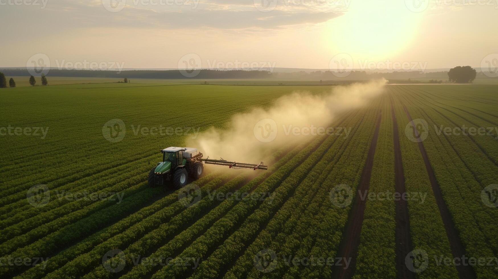 , Farm agriculture watered or pesticides spray green fields. Irrigation equipment system, aerial view photo