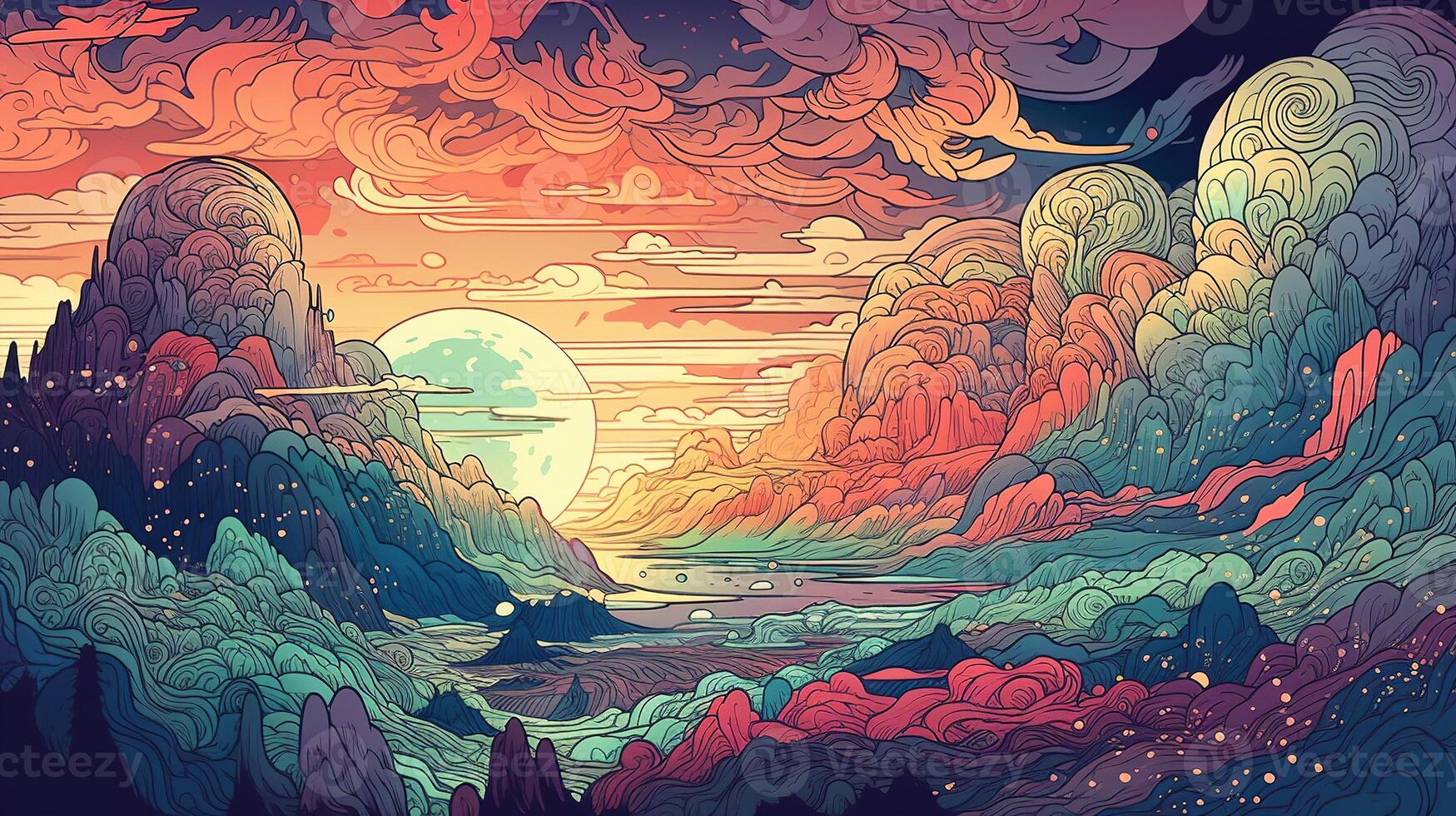 , Psychedelic Space banner template in anime manga line art style. Horizontal illustration of the future landscape with mountains, planets, trees, moon. Surrealist escapism concept. photo