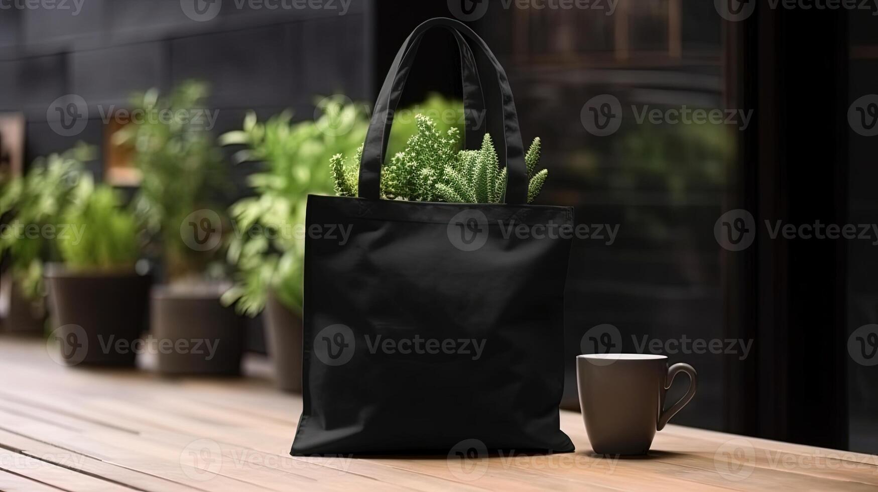 , Realistic black tote canvas fabric bag set-up in at interior or outdoor, shopper mock up blank. photo