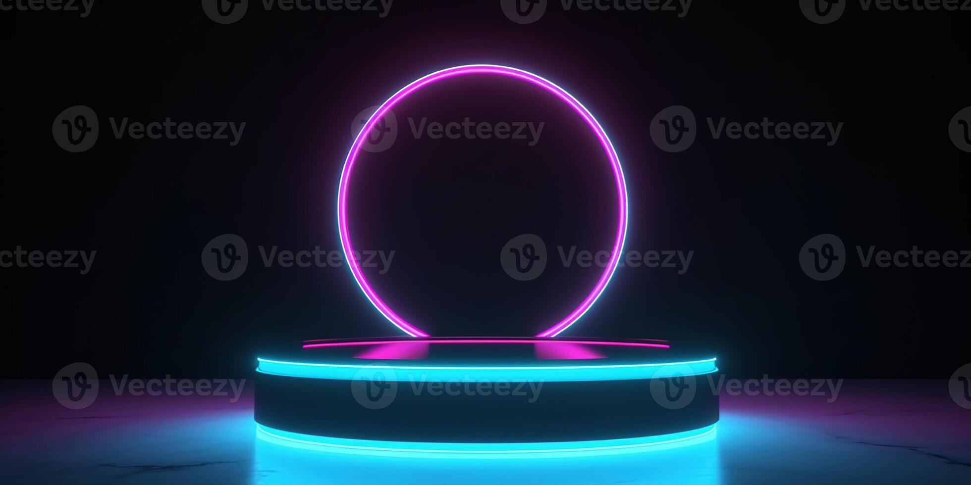 , Sci-Fi Futuristic neon glowing banner with podium. Abstract cyberpunk background for promotion goods. Mockup template photo