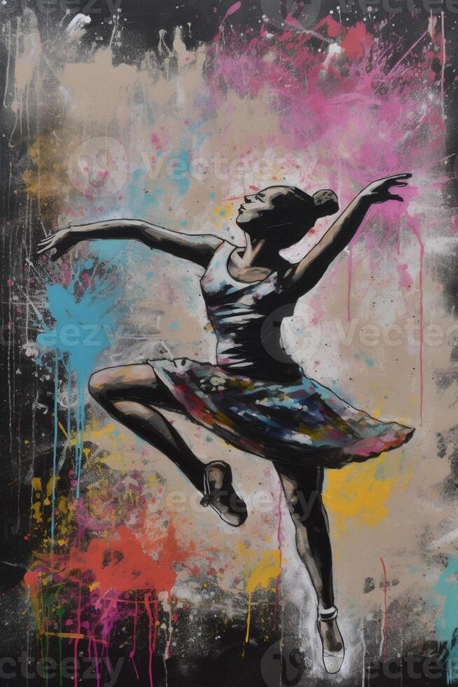 , Dancing woman or girl, dynamic motion. Ink paint colorful splashes street graffiti art on a textured paper vintage background, inspired by Banksy. photo