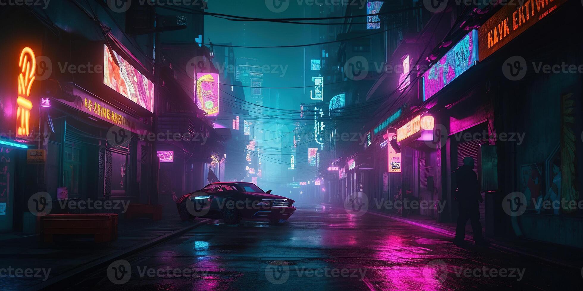 , Night scene of after rain city in cyberpunk style, futuristic nostalgic 80s, 90s. Neon lights vibrant colors, photorealistic horizontal illustration. photo