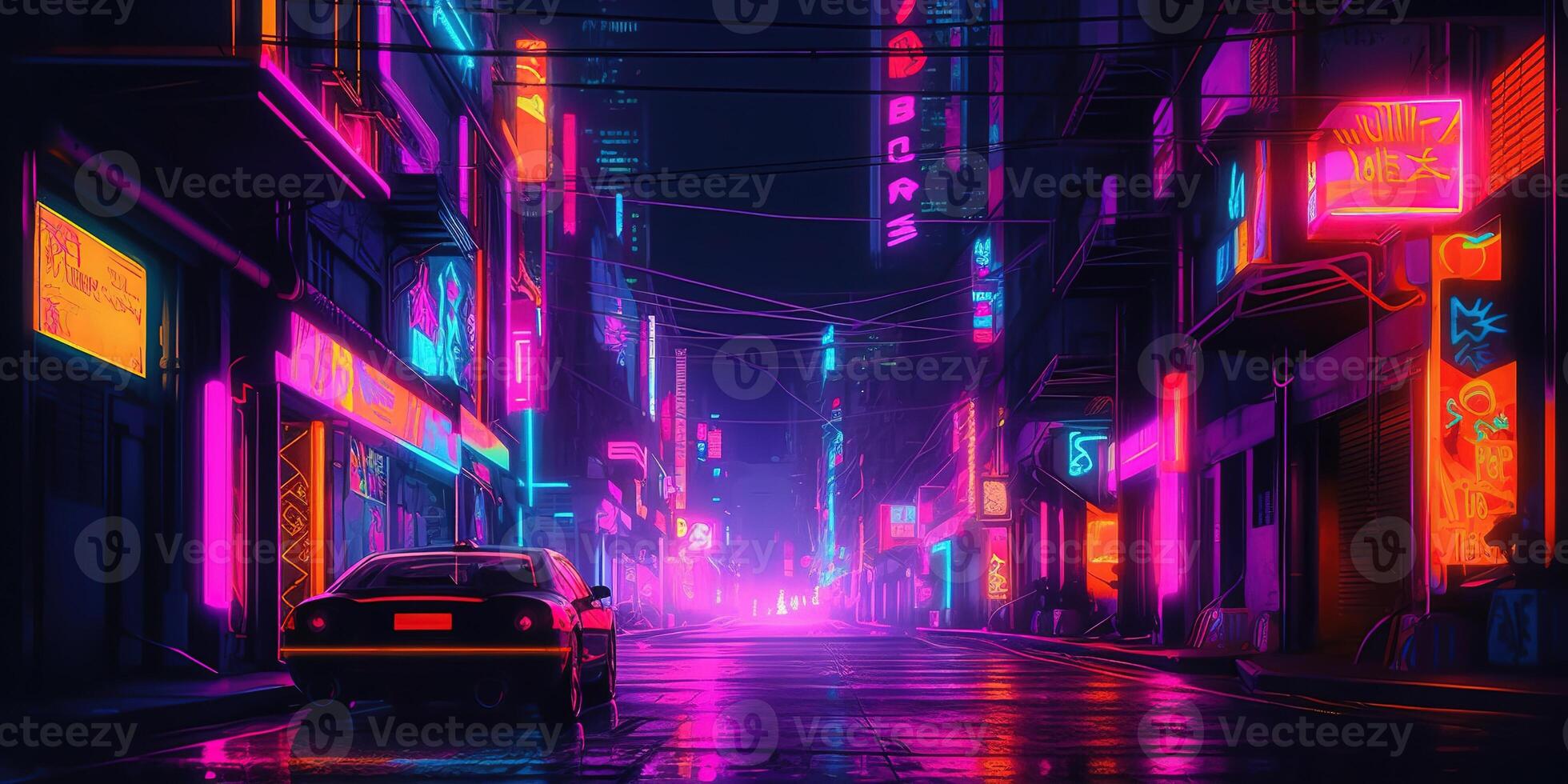 , Night scene of after rain city in cyberpunk style, futuristic nostalgic 80s, 90s. Neon lights vibrant colors, photorealistic horizontal illustration. photo