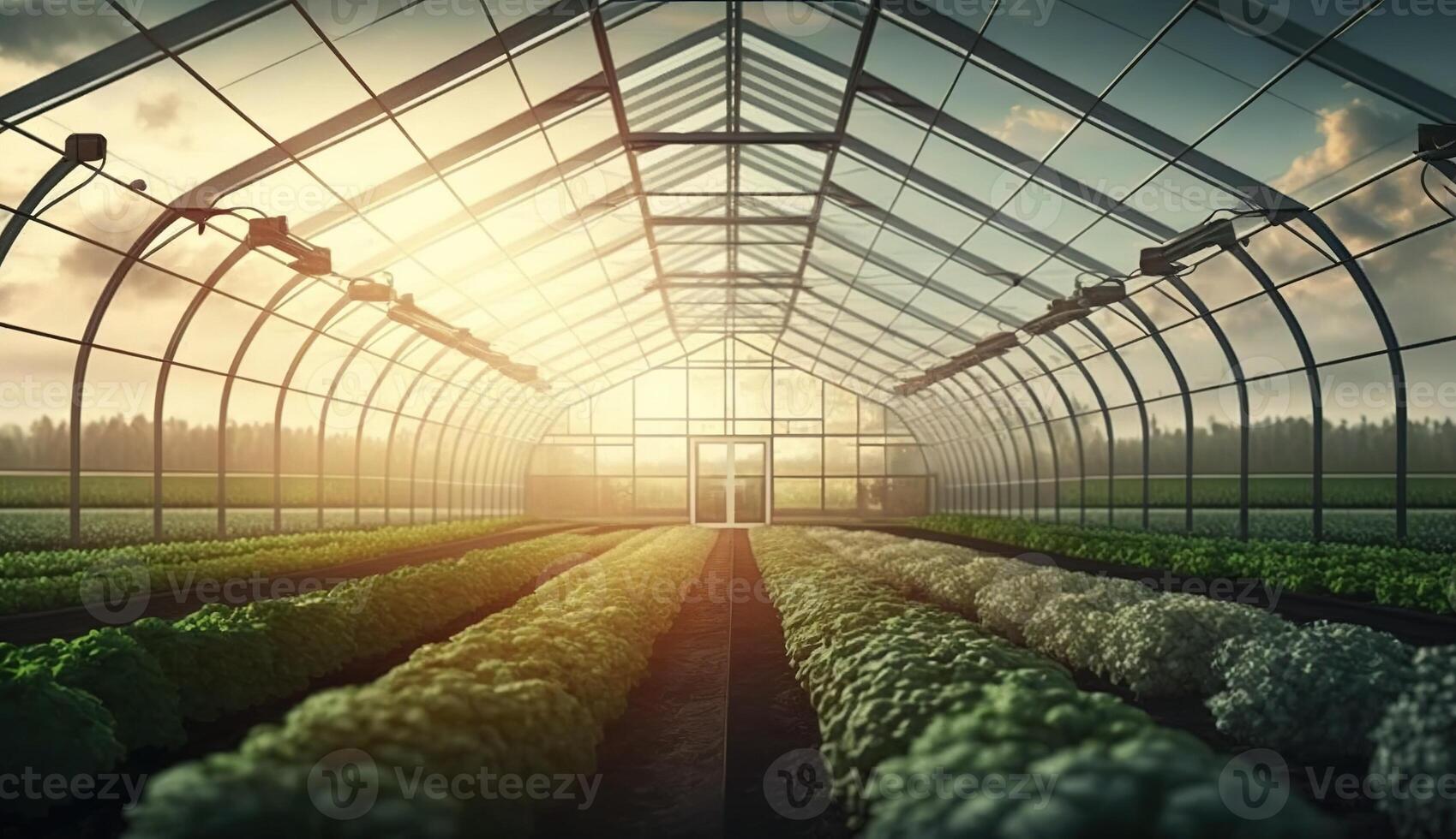 generativo ai, invernadero desde el vaso, carpa-vidrio jardín con un lote de plantas. fotorrealista efecto. foto