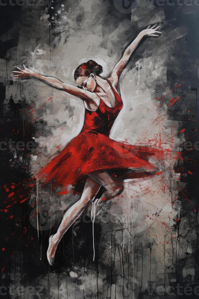 , Dancing woman or girl, dynamic motion. Ink paint colorful splashes street graffiti art on a textured paper vintage background, inspired by Banksy. photo