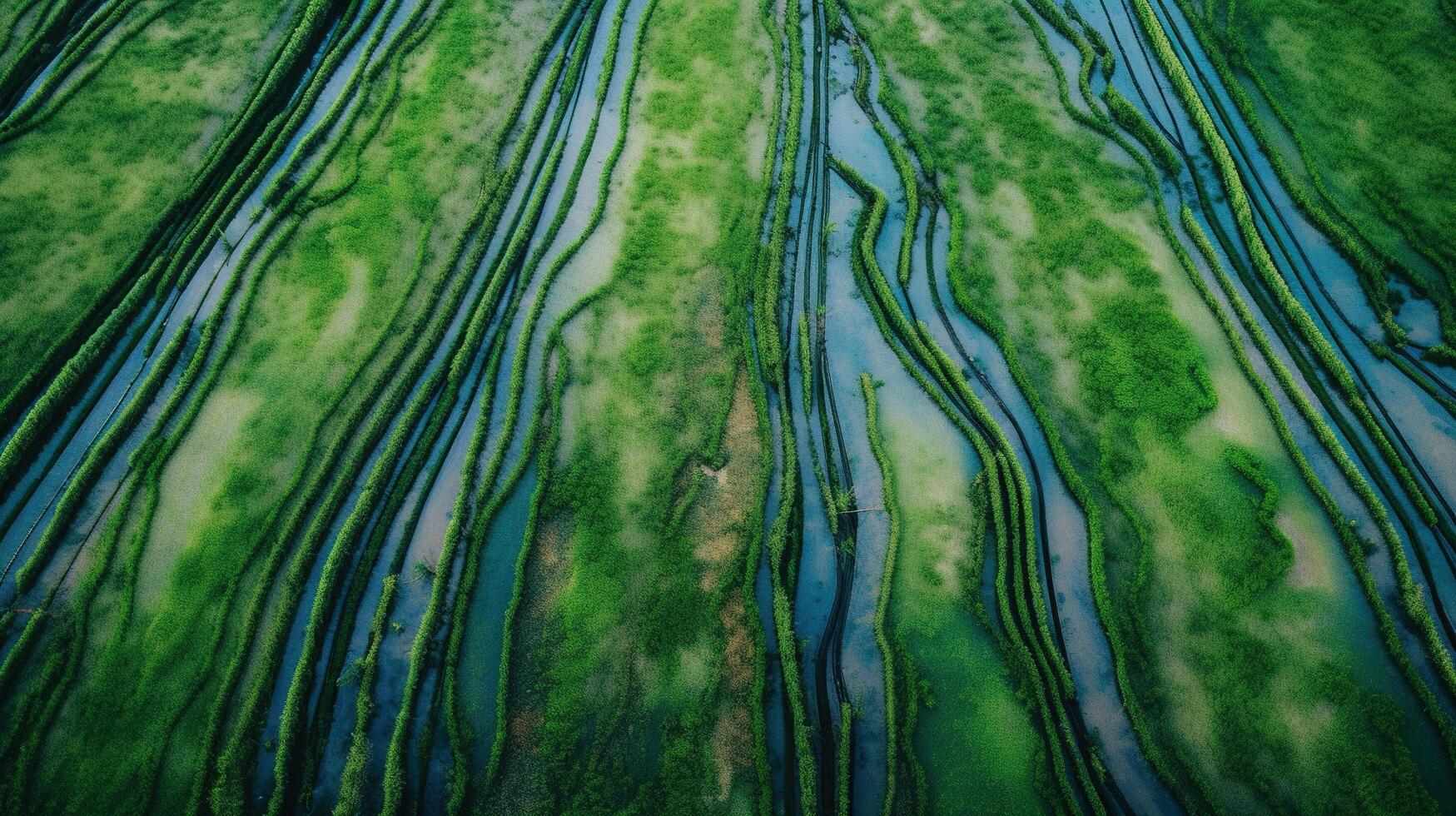 , field of green grass with water sprinkled, aerial view drone photography. Swamp landscape. photo