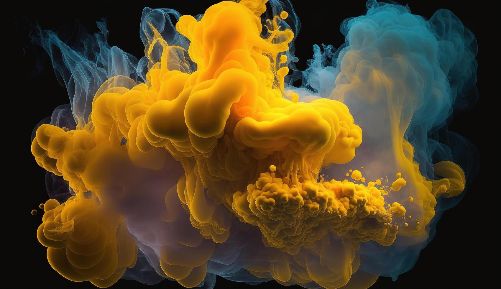 , Flowing light yellow smoke with splashes. Soft fluid banner, spring female mood, 3D effect, modern macro realistic abstract background illustration, ink in water effect. photo