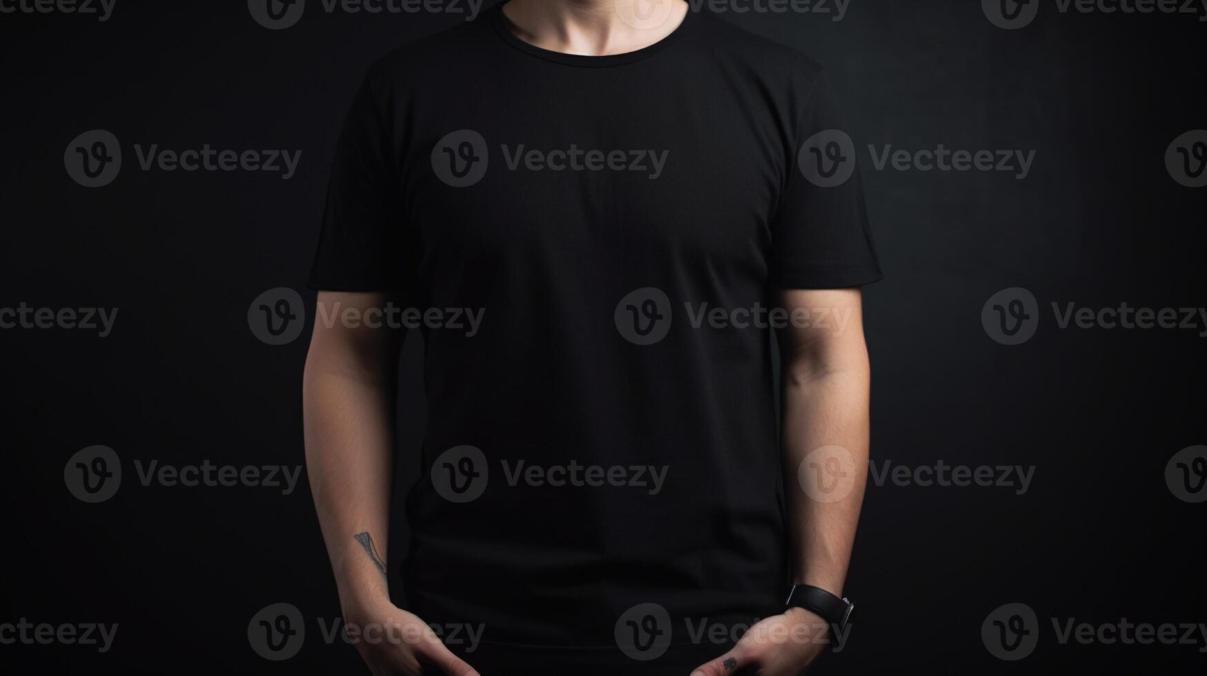 , Realistic black T-Shirt mock up blank put on young man, copyspace for presentation advertising. Blank business concept photo