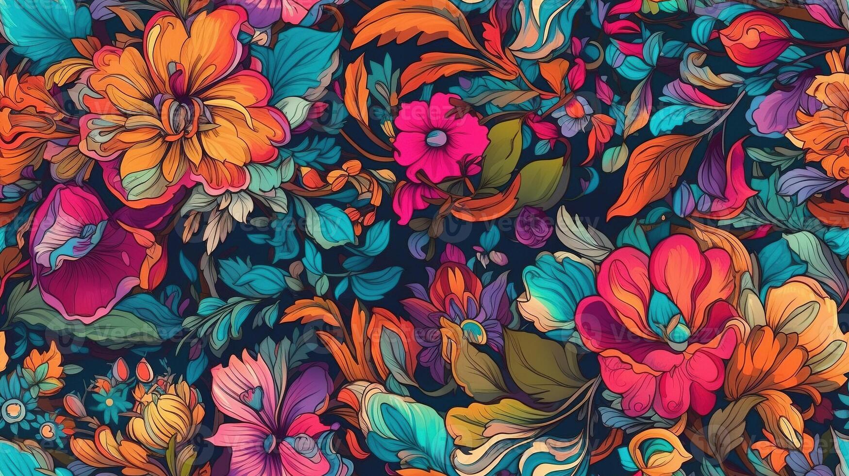 , Floral colorful seamless pattern. Lisa Frank and James Jean inspired natural plants and flowers background, Psychedelic illustration. Foliage ornament. photo