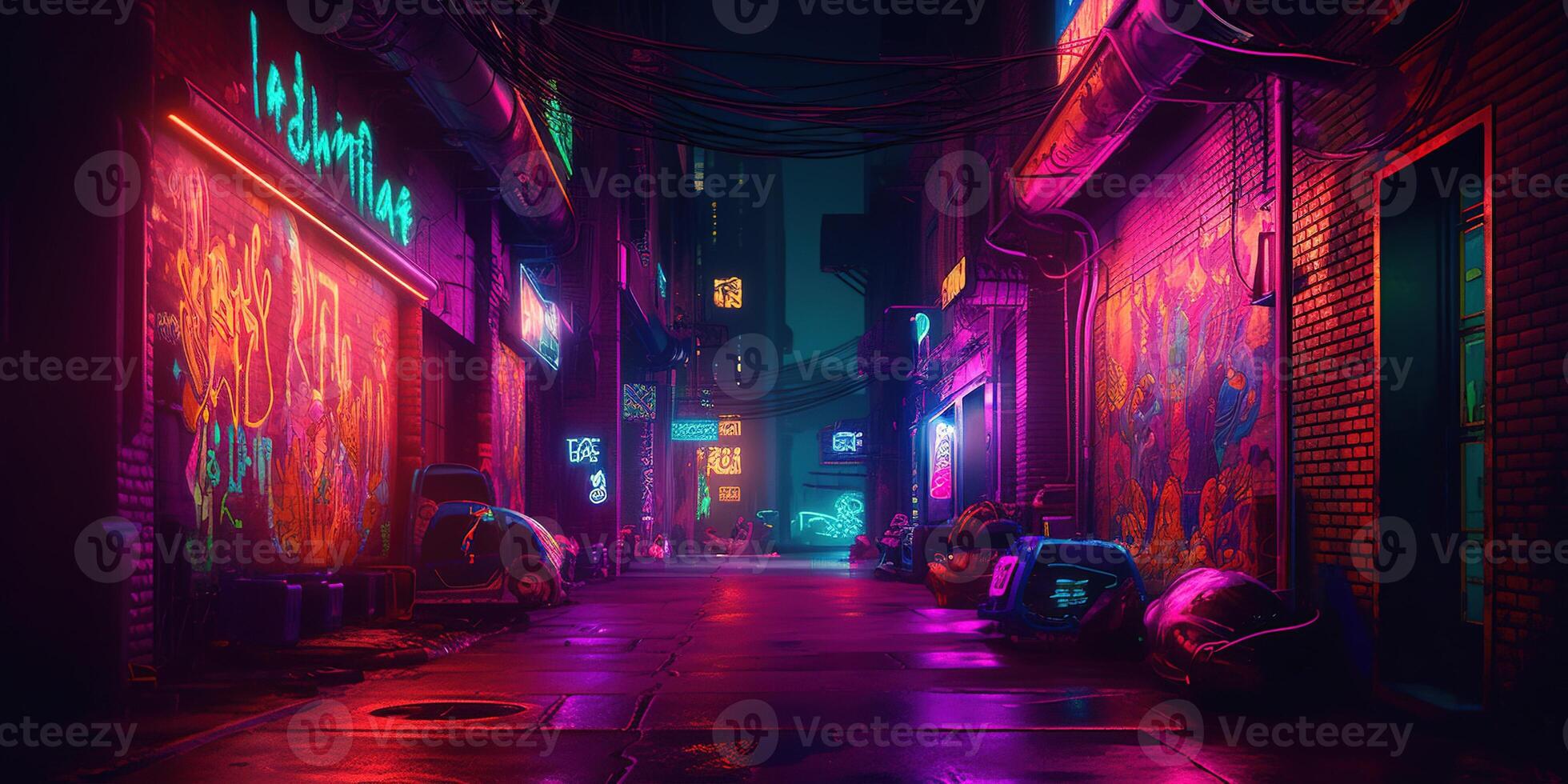 , Night scene of after rain city in cyberpunk style, futuristic nostalgic 80s, 90s. Neon lights vibrant colors, photorealistic horizontal illustration. photo