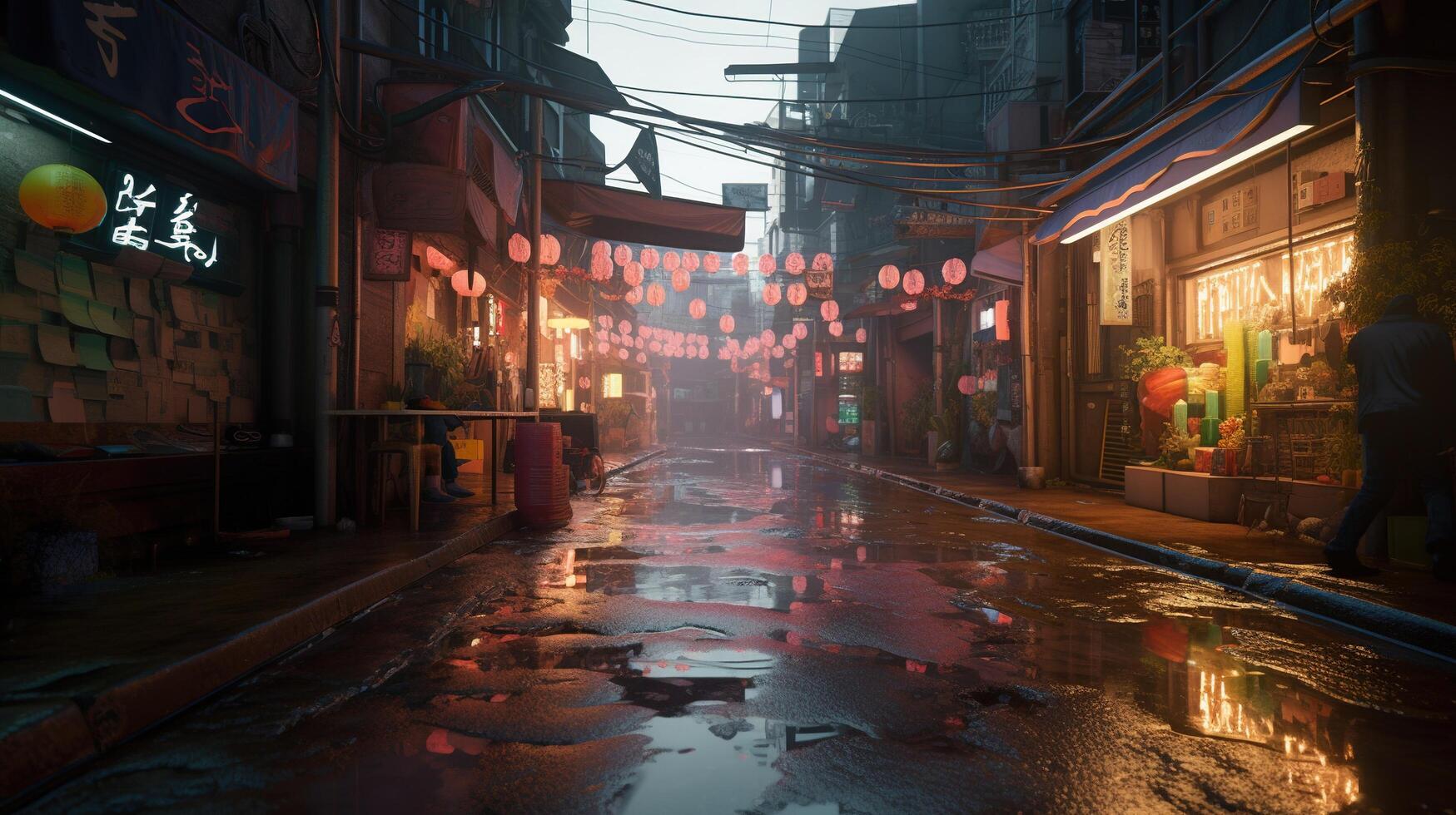 , Night scene of after rain city in cyberpunk style, futuristic nostalgic 80s, 90s. Neon lights vibrant colors, photorealistic horizontal illustration. photo