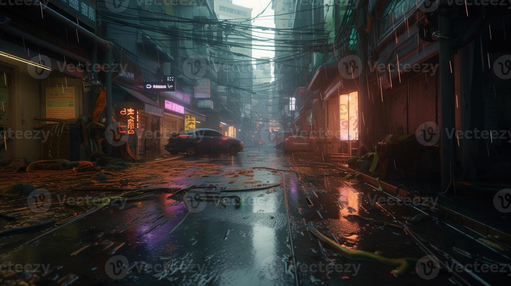 , Night scene of after rain city in cyberpunk style, futuristic nostalgic 80s, 90s. Neon lights vibrant colors, photorealistic horizontal illustration. photo