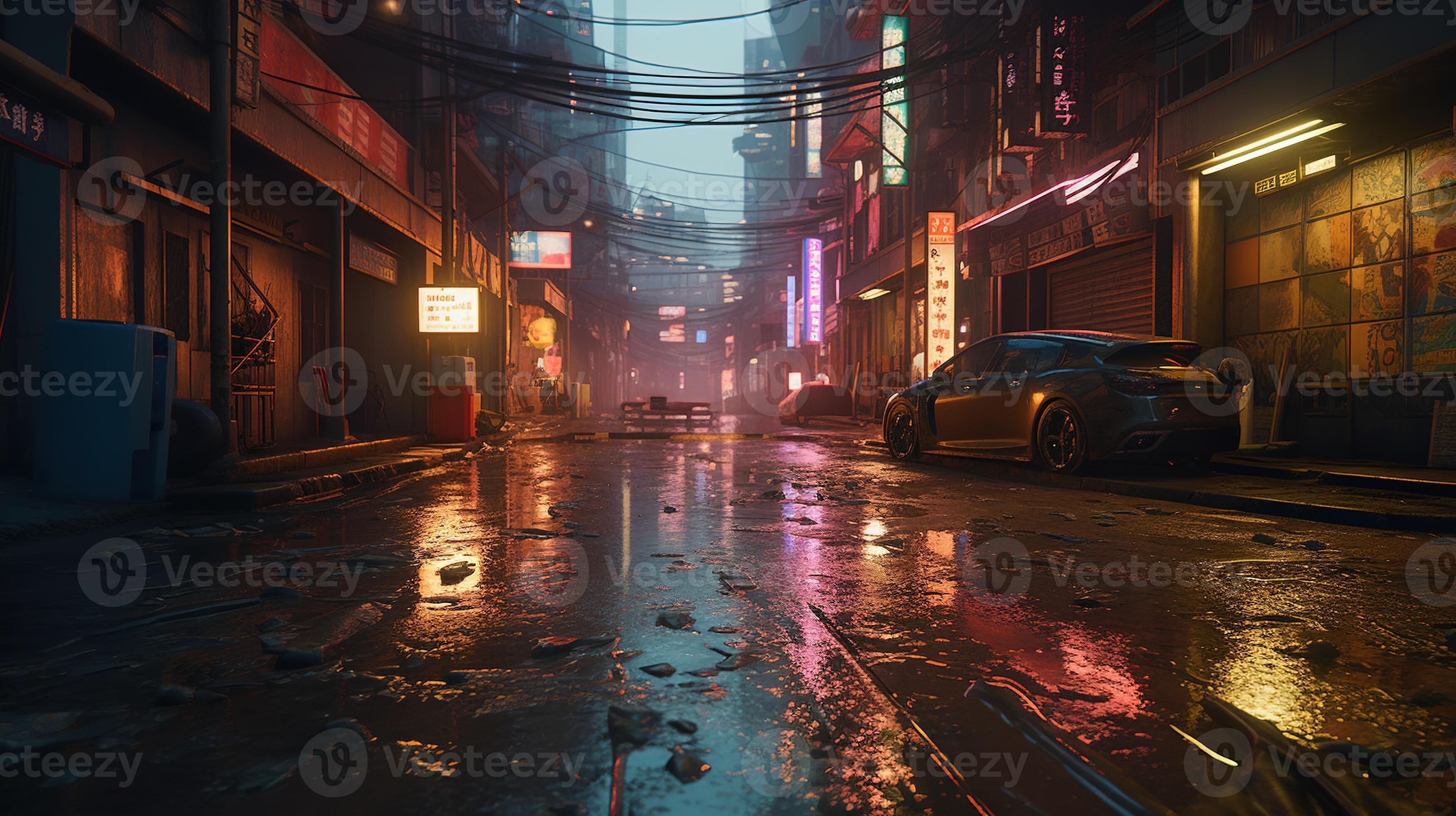 Generative AI, Night scene of after rain city in cyberpunk style,  futuristic nostalgic 80s, 90s. Neon lights vibrant colors, photorealistic  vertical illustration. 28891087 Stock Photo at Vecteezy