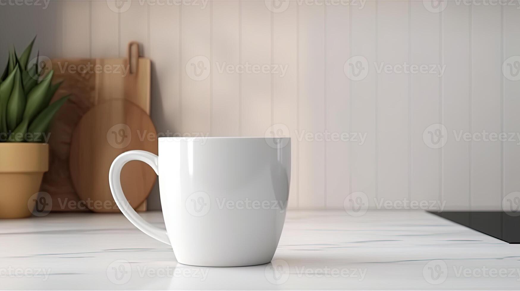 , White ceramic cup set-up in at home interior, mug mock up blank. photo
