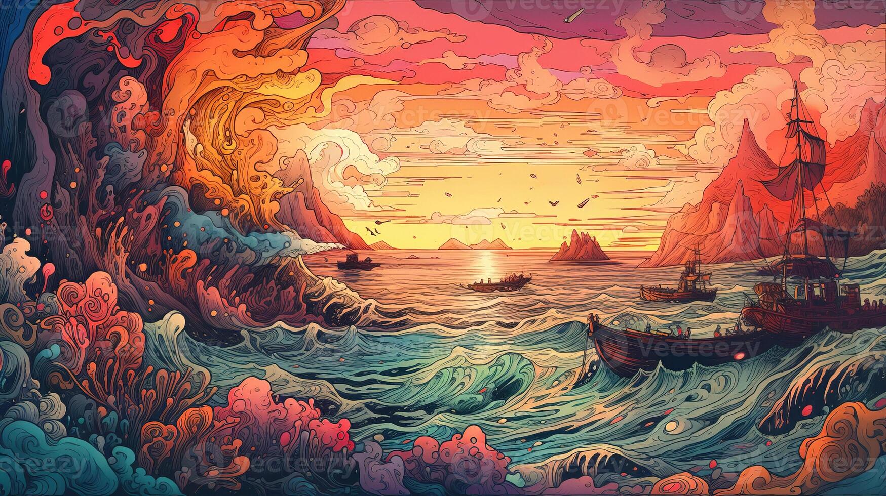 , ocean in the sunset linear illustration, psychedelic manga style, highly detailed. Anime colorful style photo