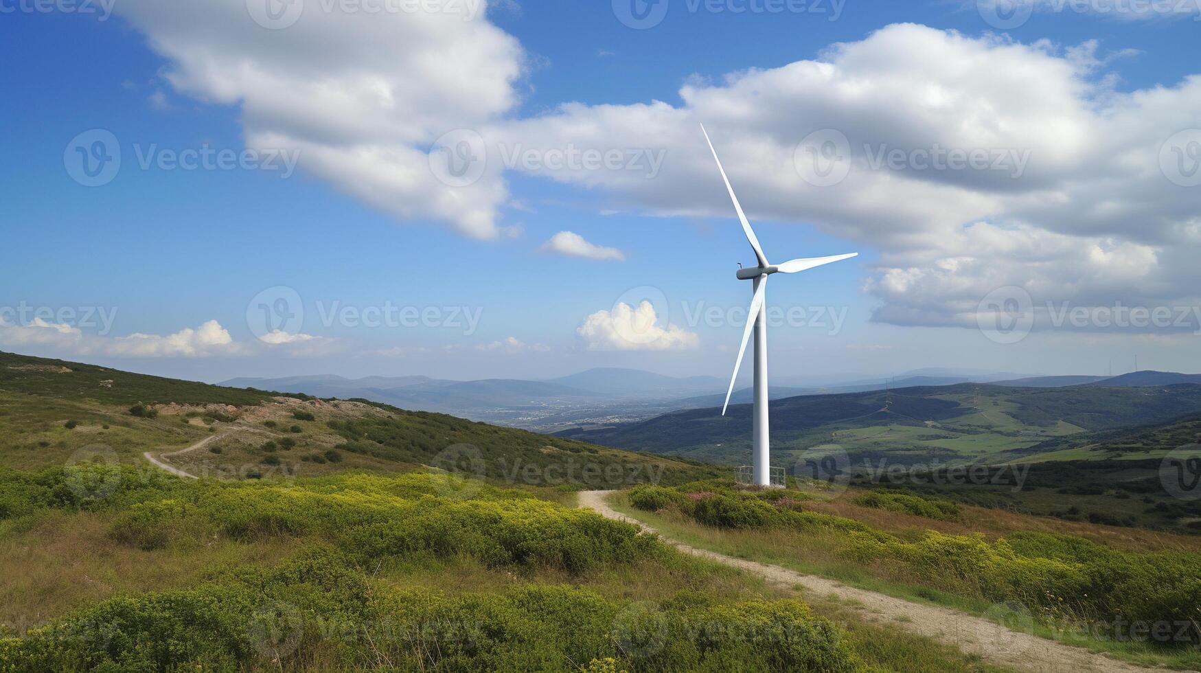 generativo ai, viento turbinas en un campo, verde granja paisaje. ambientalmente Respetuoso del medio ambiente poder generación. renovable energía fuente. foto