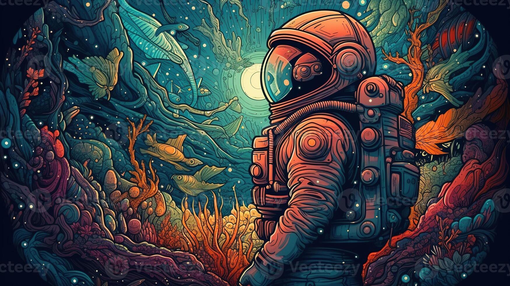 , Psychedelic Space banner template in anime manga line art style. Horizontal illustration of the future landscape with mountains, planets, trees, moon. Surrealist escapism concept. photo