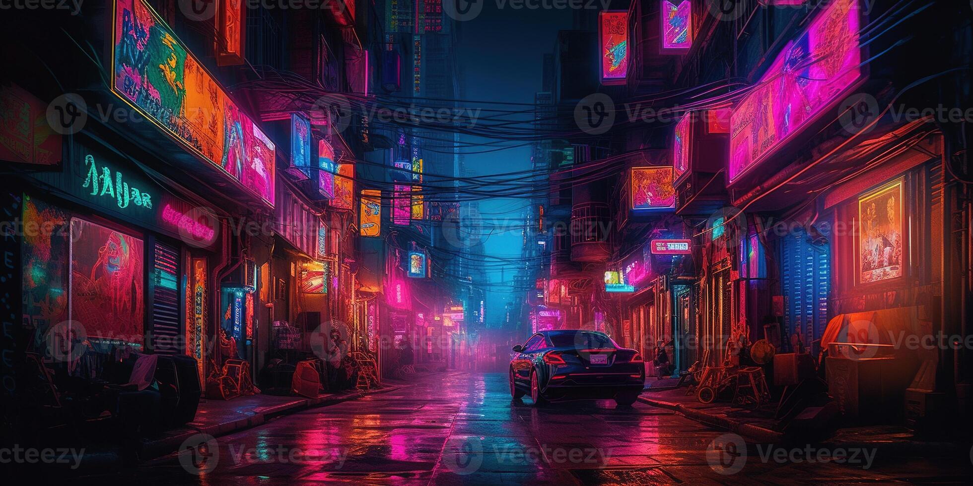 , Night scene of after rain city in cyberpunk style, futuristic nostalgic 80s, 90s. Neon lights vibrant colors, photorealistic horizontal illustration. photo