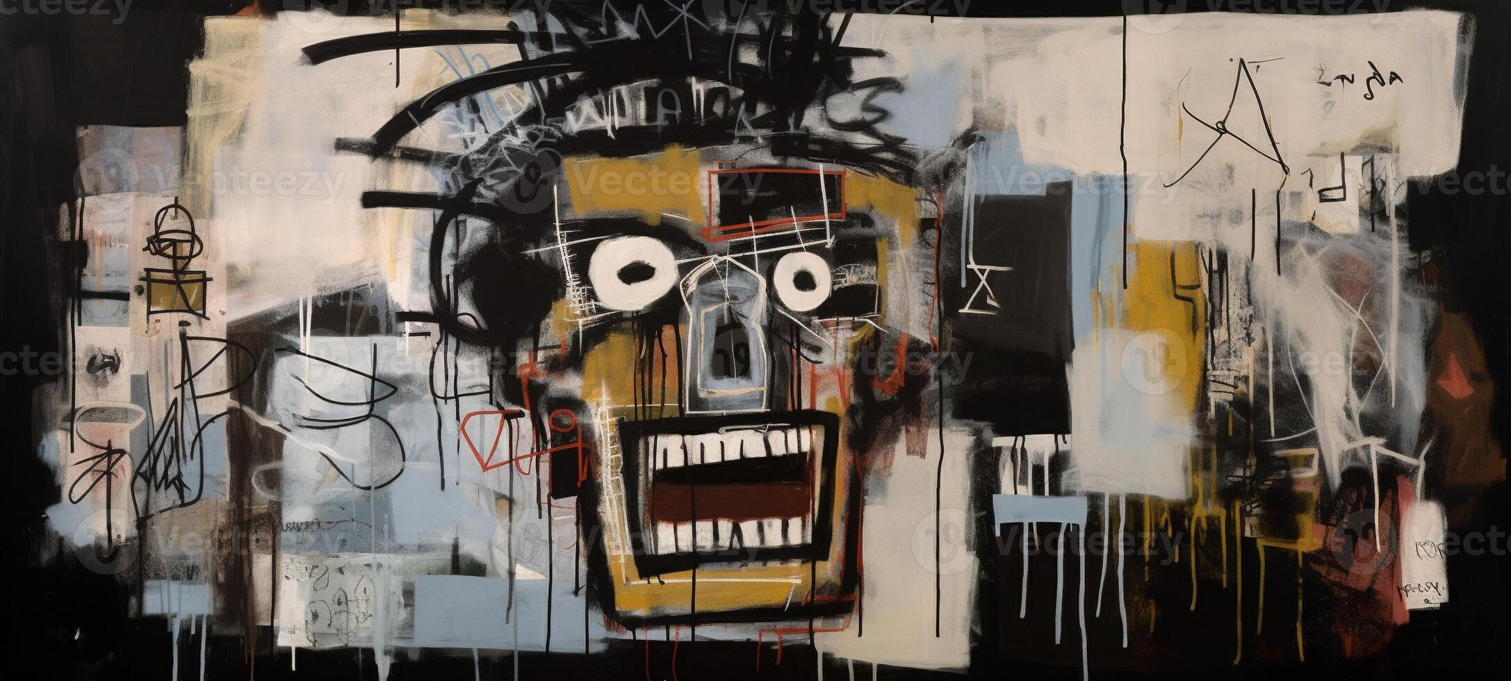 , street graffiti abstract art with ugly face on a textured wall vintage background, inspired by Jean-Michel Basquiat, New York urban style. photo