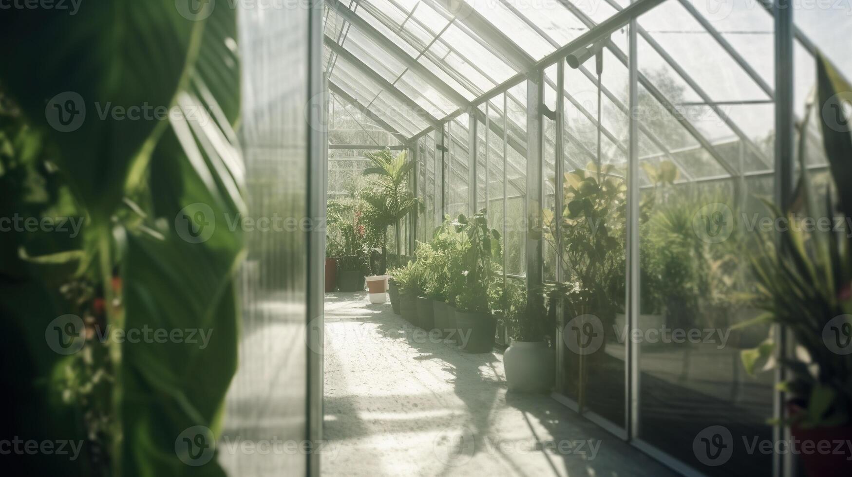 , Green house from the glass, tent-glass garden with a lot of plants. Photorealistic effect. photo