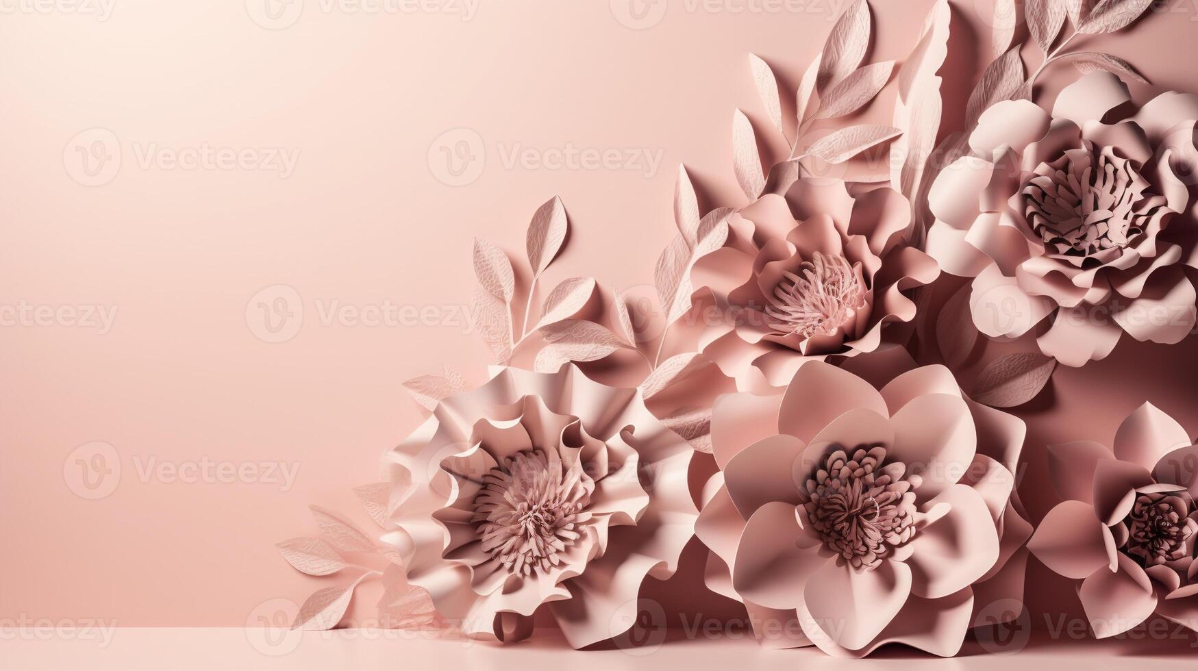 , Paper cut craft flowers and leaves, light pink color, floral origami textured background, spring mood. Photorealistic effect. photo