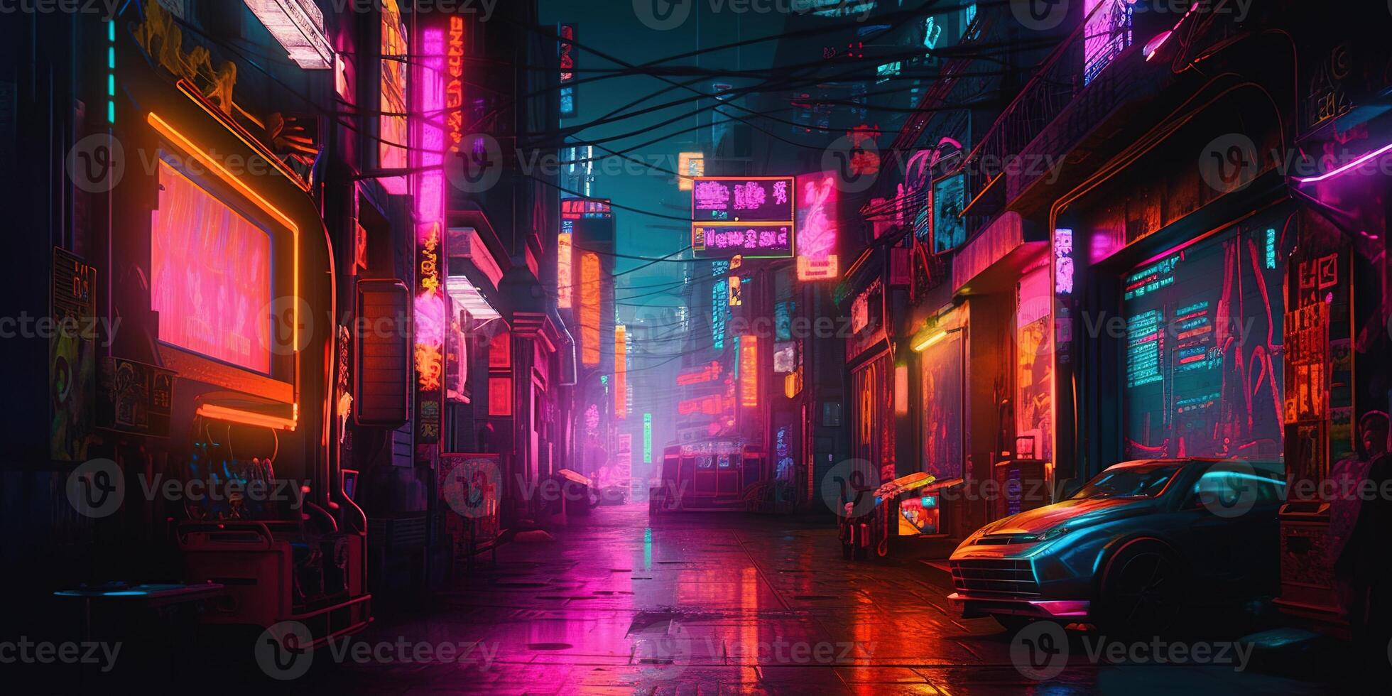 , Night scene of after rain city in cyberpunk style, futuristic nostalgic 80s, 90s. Neon lights vibrant colors, photorealistic horizontal illustration. photo