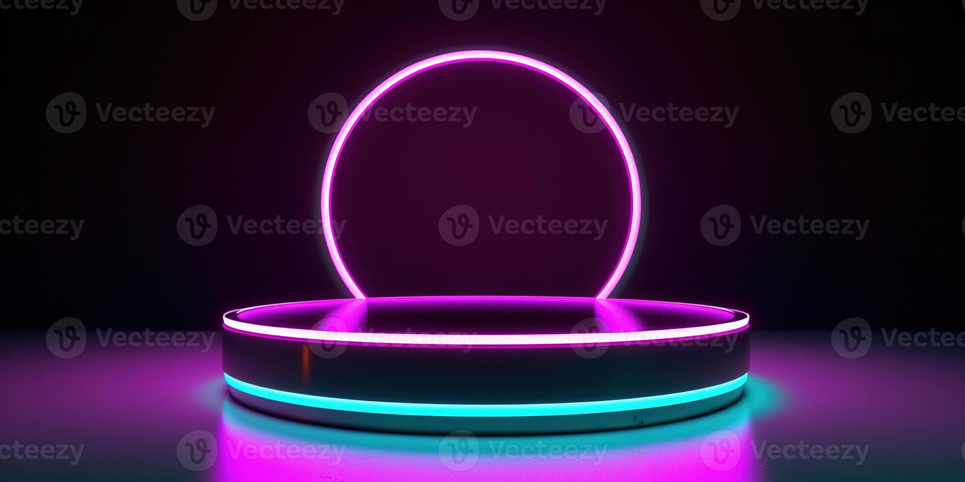 , Sci-Fi Futuristic neon glowing banner with podium. Abstract cyberpunk background for promotion goods. Mockup template photo