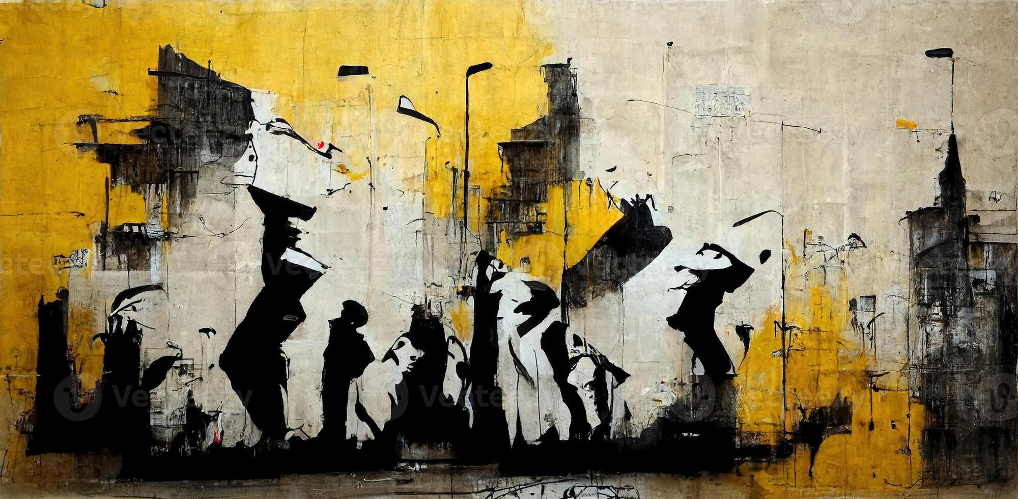 , Ink black street graffiti art on a textured paper vintage background, inspired by Banksy. photo