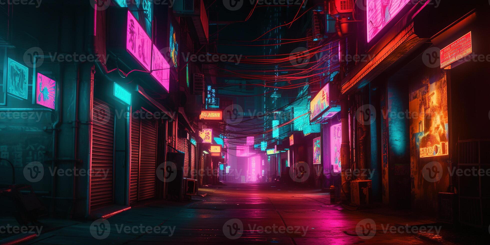 , Night scene of after rain city in cyberpunk style, futuristic nostalgic 80s, 90s. Neon lights vibrant colors, photorealistic horizontal illustration. photo