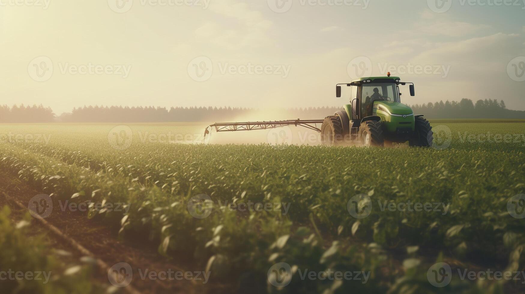 generativo ai, tractor pulverización un campo, granja paisaje, agrícola hermosa campo, país la carretera. naturaleza ilustración, fotorrealista parte superior ver horizontal bandera. foto