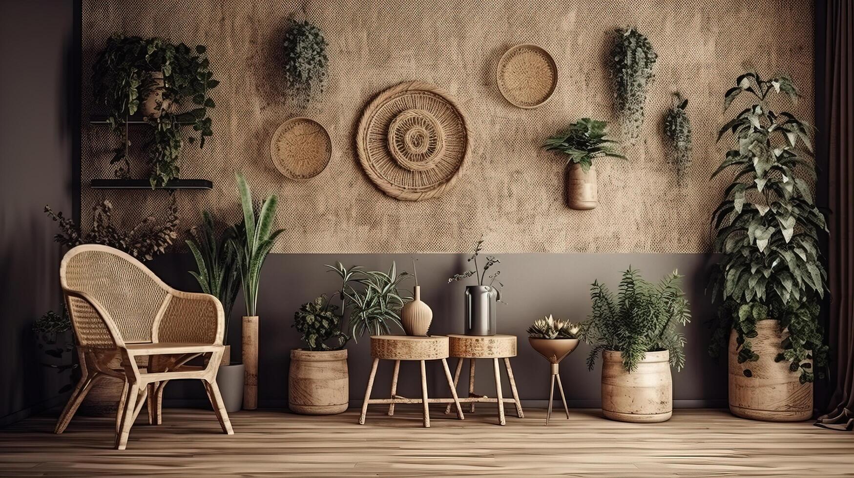 , Eco wooden room with plants with natural furniture, boho ethnic chic style interior design photo
