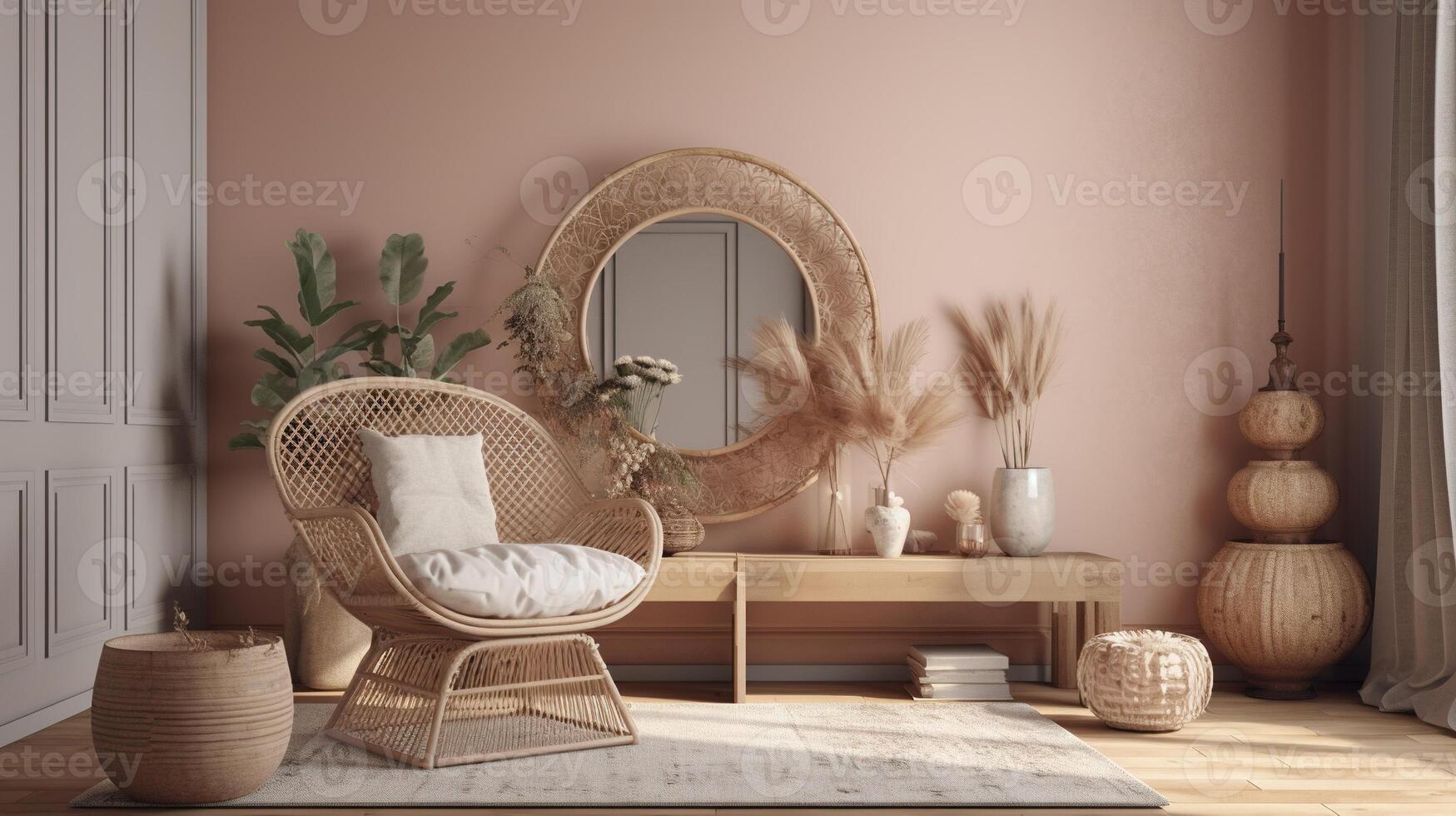 , Eco wooden room with plants with natural furniture, boho ethnic chic style interior design photo