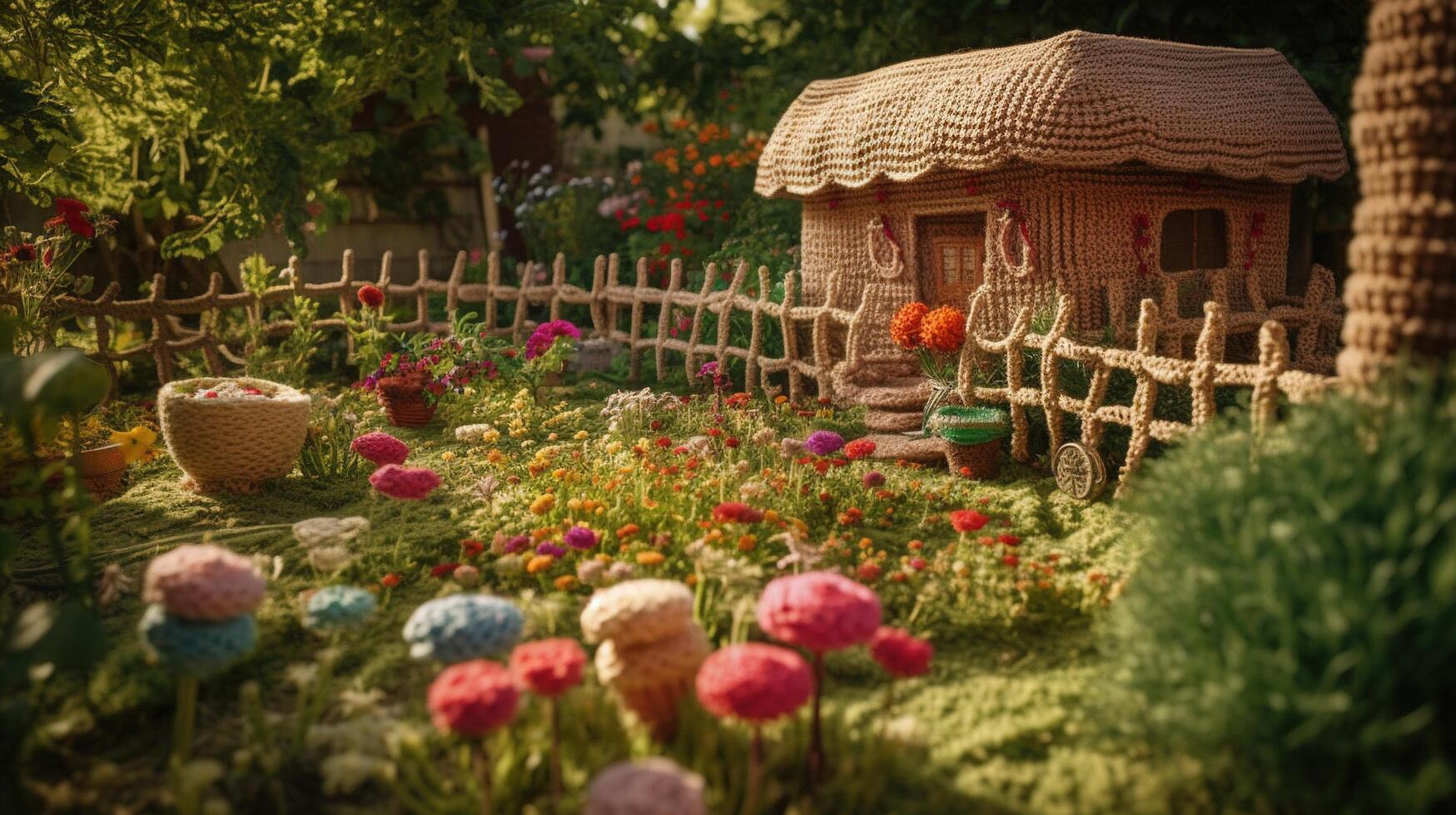 , cute garden made of crochet, plants, trees, flowers. Soft colors, dreamy scene landscape made of crochet materials, wool, fabric, yarn, sewing for background photo