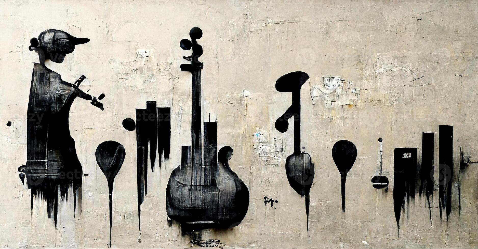 , Abstract Street art with keys and musical instruments silhouettes. Ink colorful graffiti art on a textured paper vintage background, inspired by Banksy photo