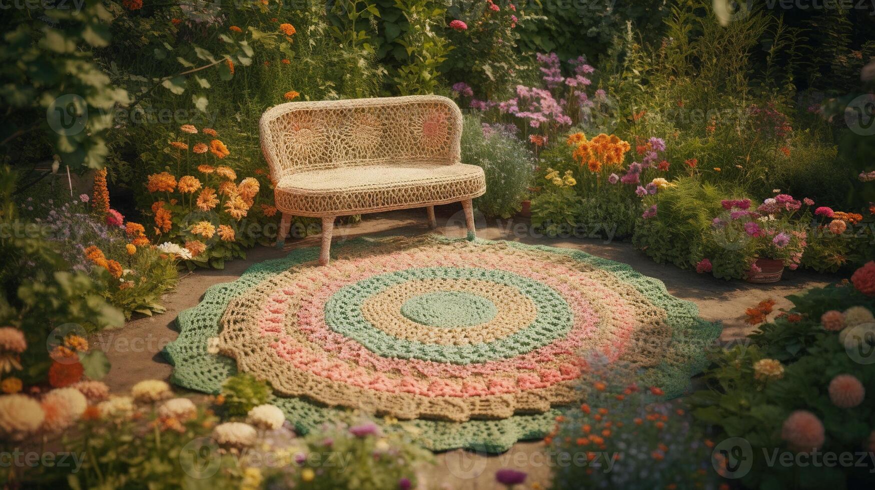 , cute garden made of crochet, plants, trees, flowers. Soft colors, dreamy scene landscape made of crochet materials, wool, fabric, yarn, sewing for background photo