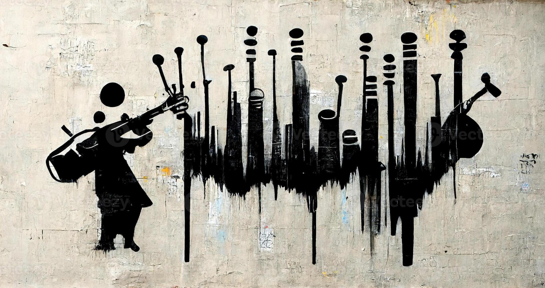 , Abstract Street art with keys and musical instruments silhouettes. Ink colorful graffiti art on a textured paper vintage background, inspired by Banksy photo