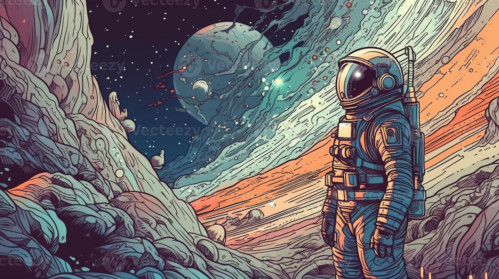 generativo ai, psicodélico espacio bandera modelo en anime manga línea Arte estilo. horizontal ilustración de el futuro paisaje con montañas, planetas, árboles, Luna. surrealista evasión concepto. foto