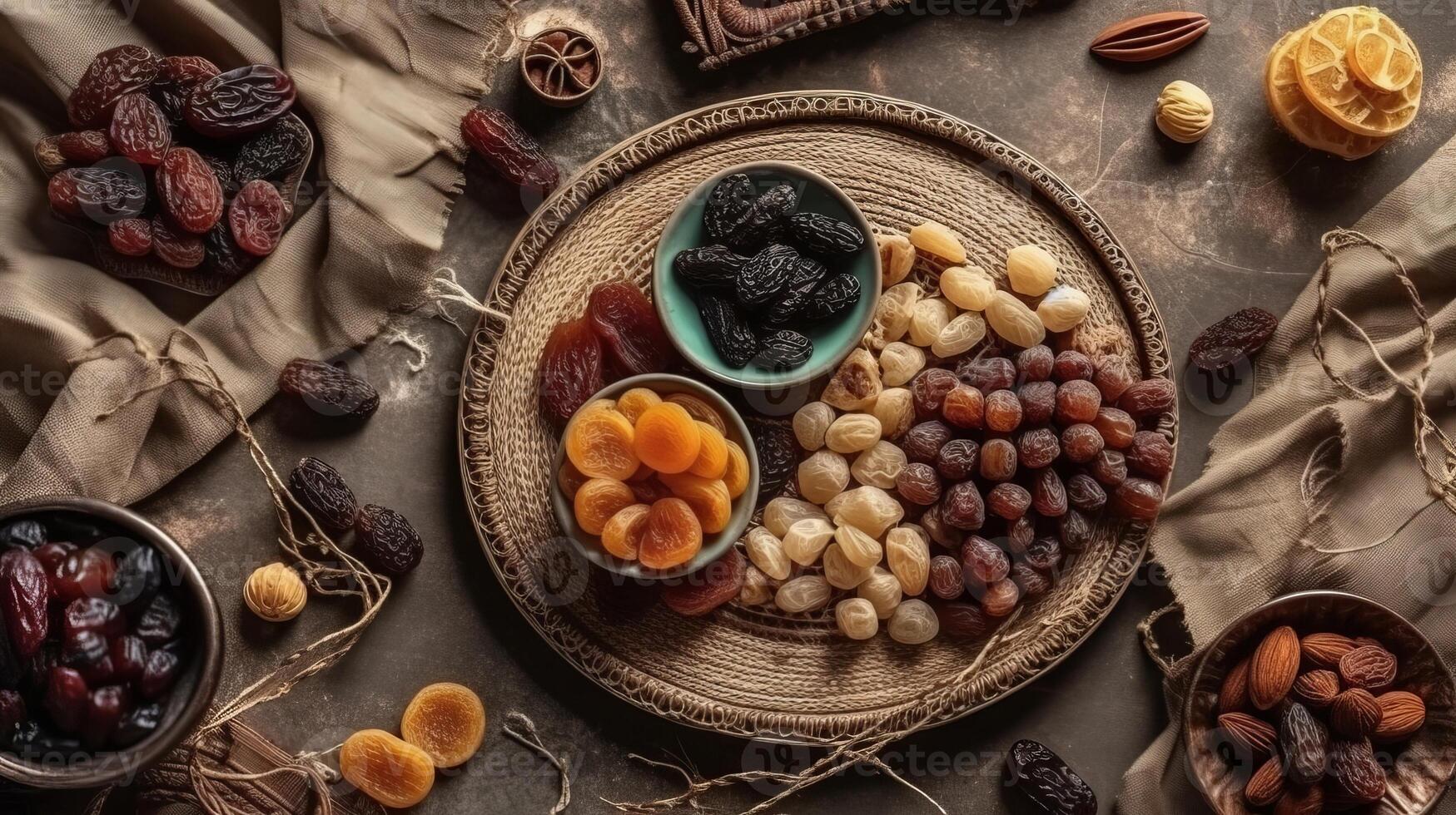 Eid al-Fitr occasion concept with sweet dried dates, ordinary things and enhancements on shinning foundation. Creative resource, photo