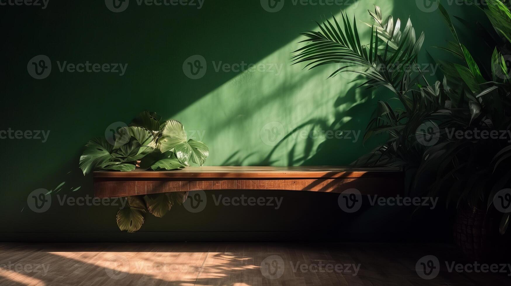 Cleanse wooden table counter with tropical palm tree in dappled sunshine. photo