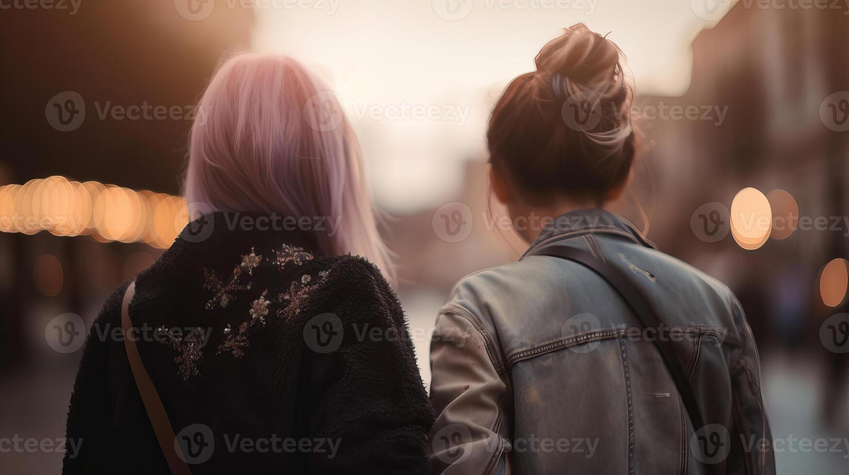 see from the back two lesbians hold hands, close-up on hands, clouded bokeh establishment. photo
