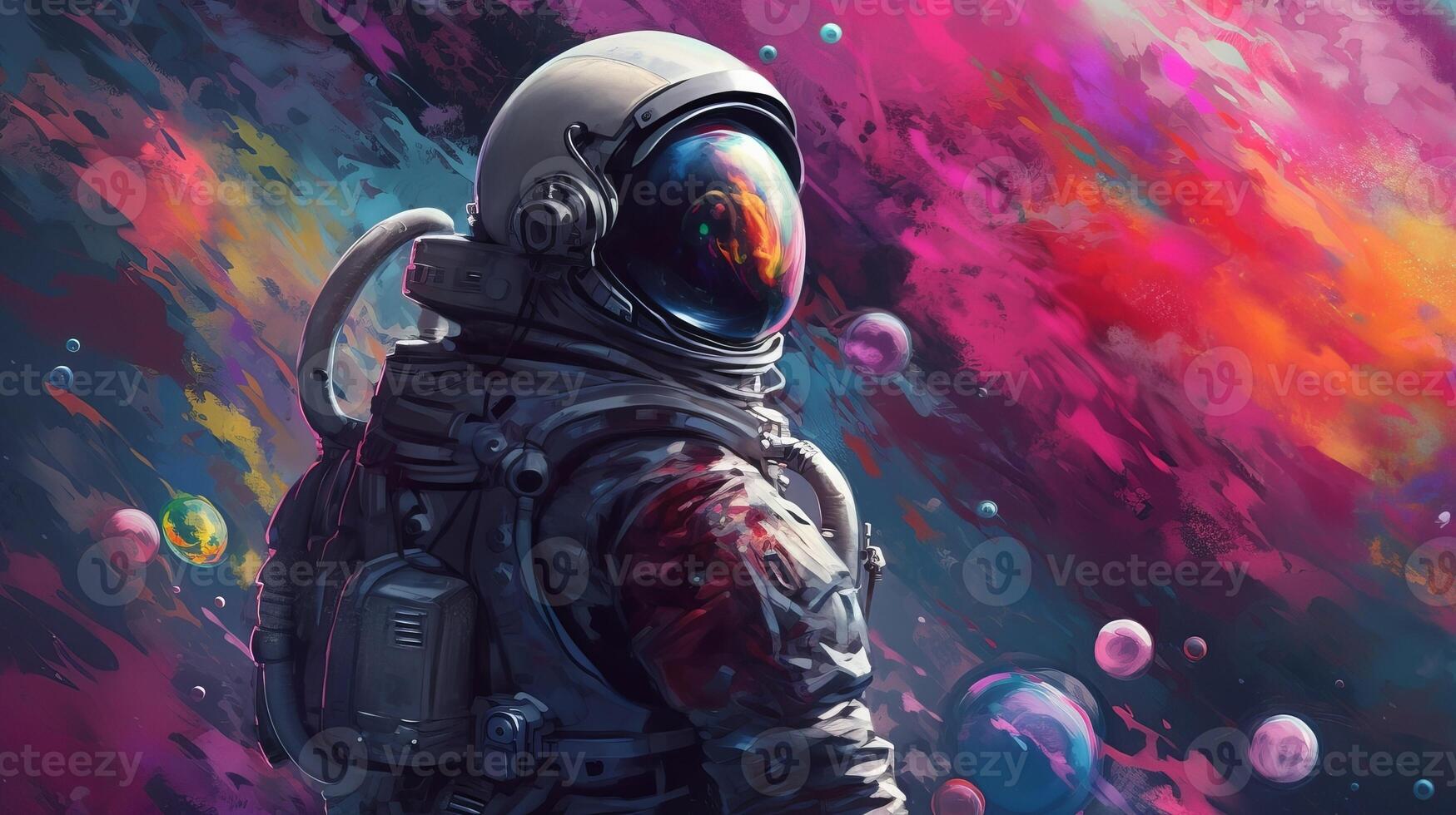 Amazing depict of an space pioneer in a colorful bubbles universe on a unmistakable planet. photo