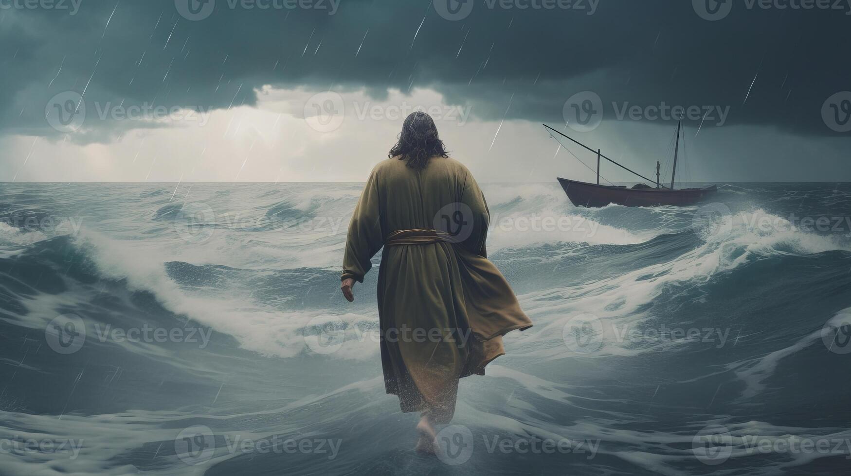 Jesus strolls on water over the ocean towards a watercraft internal parts the center of a storm. Scriptural subject concept. photo