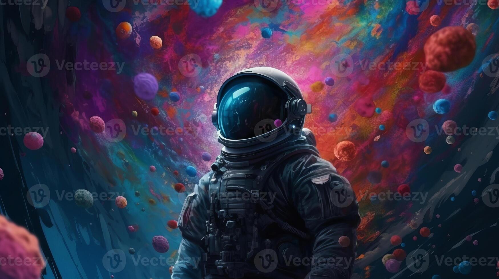Overwhelming depict of an space pioneer in a colorful bubbles universe on a unmistakable planet. photo