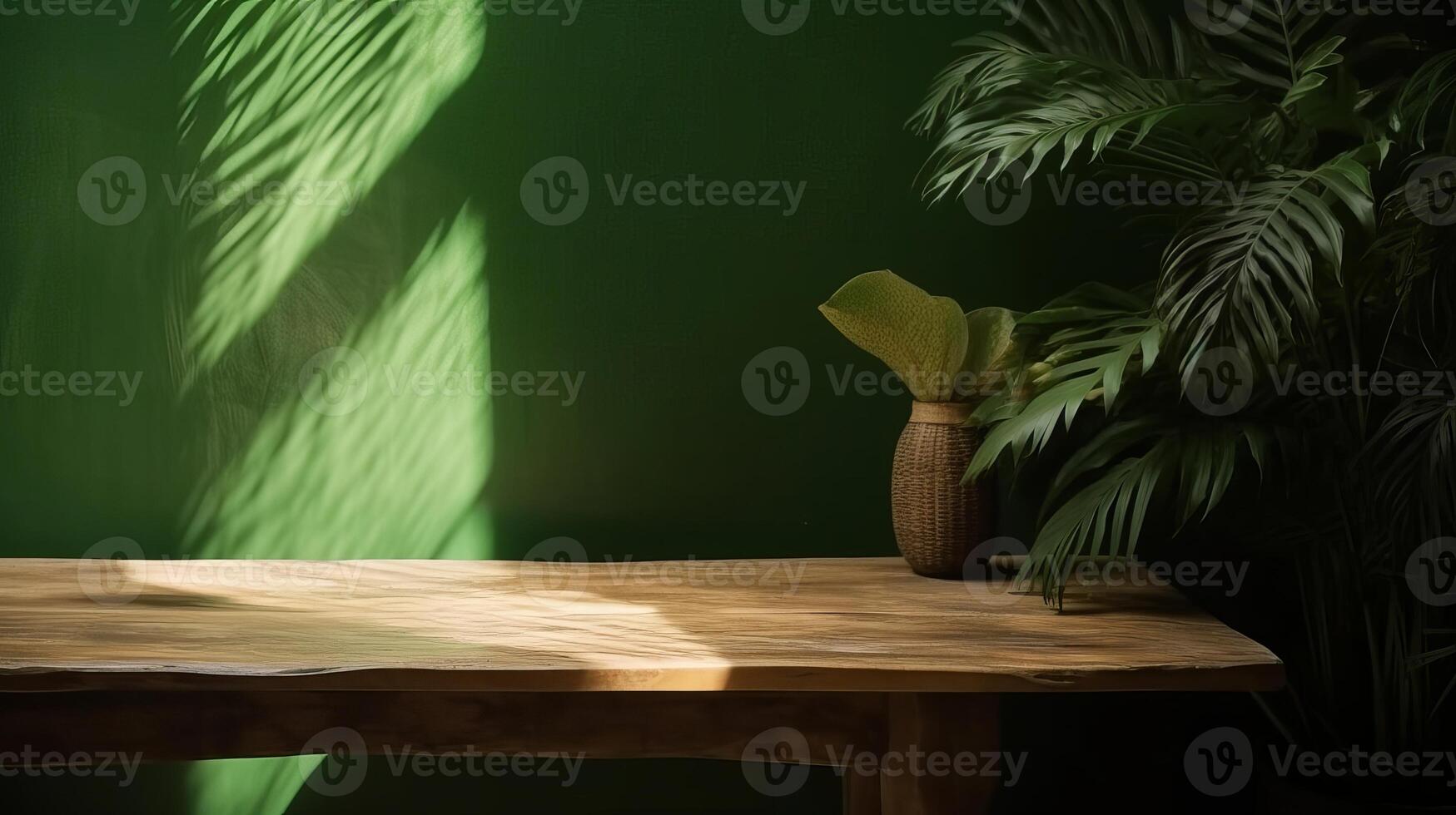 Cleanse wooden table counter with tropical palm tree in dappled daylight. photo