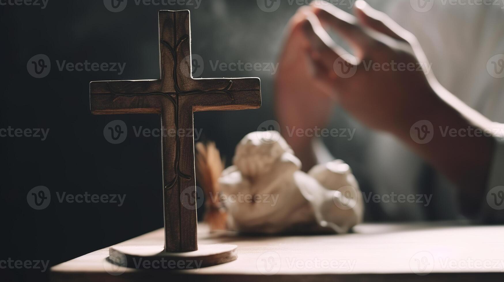 Easter and Awesome Friday concept, sensitive center of Christian respect with raised hand on white cross establishment. photo