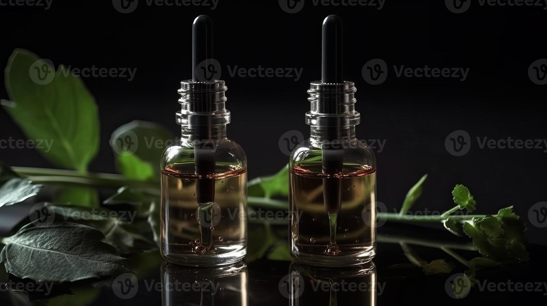 Helpful serum in a glass bottles with a pipette on a disheartening establishment with green takes off on a dim establishment. Creative resource, photo